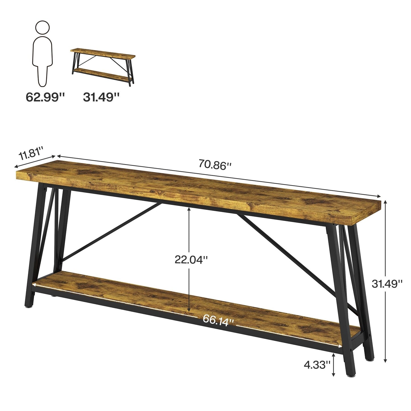 Table console d'entrée de style industriel extra-longue de 70,9 pouces
