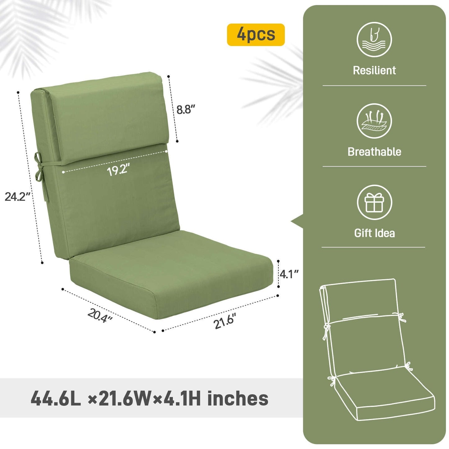 Lot de 4 coussins de chaise à dossier haut Aoodor Patio, 46 x 21 x 4 pouces (coussins uniquement)