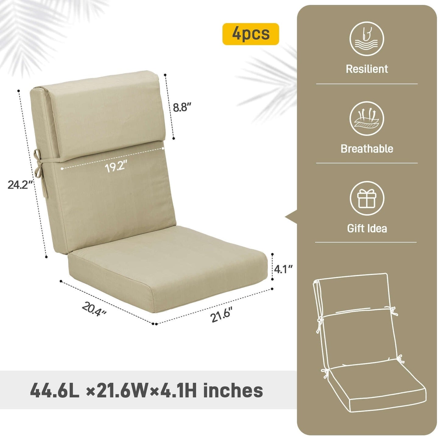 Lot de 4 coussins de chaise à dossier haut Aoodor Patio, 46 x 21 x 4 pouces (coussins uniquement)