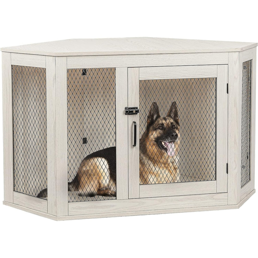 Niche d'angle pour chien Bossin, niche en bois de 44/52 pouces avec filet, niche décorative en bois pour chien, idéale pour l'intérieur