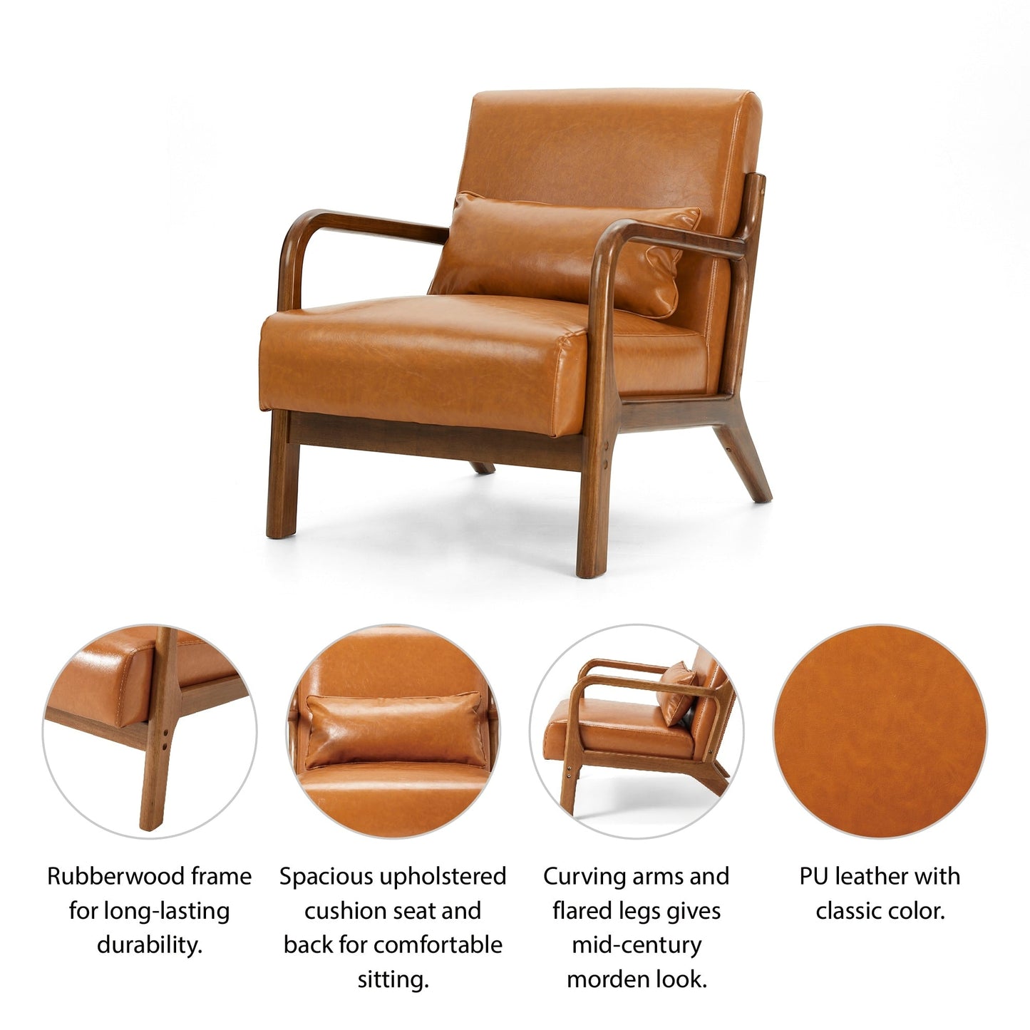 Fauteuil d'appoint moderne en cuir synthétique Glitzhome 30,75 po de hauteur, style milieu de siècle, avec coussin – 25,75 po de largeur x 33,75 po de profondeur x 30,75 po de hauteur