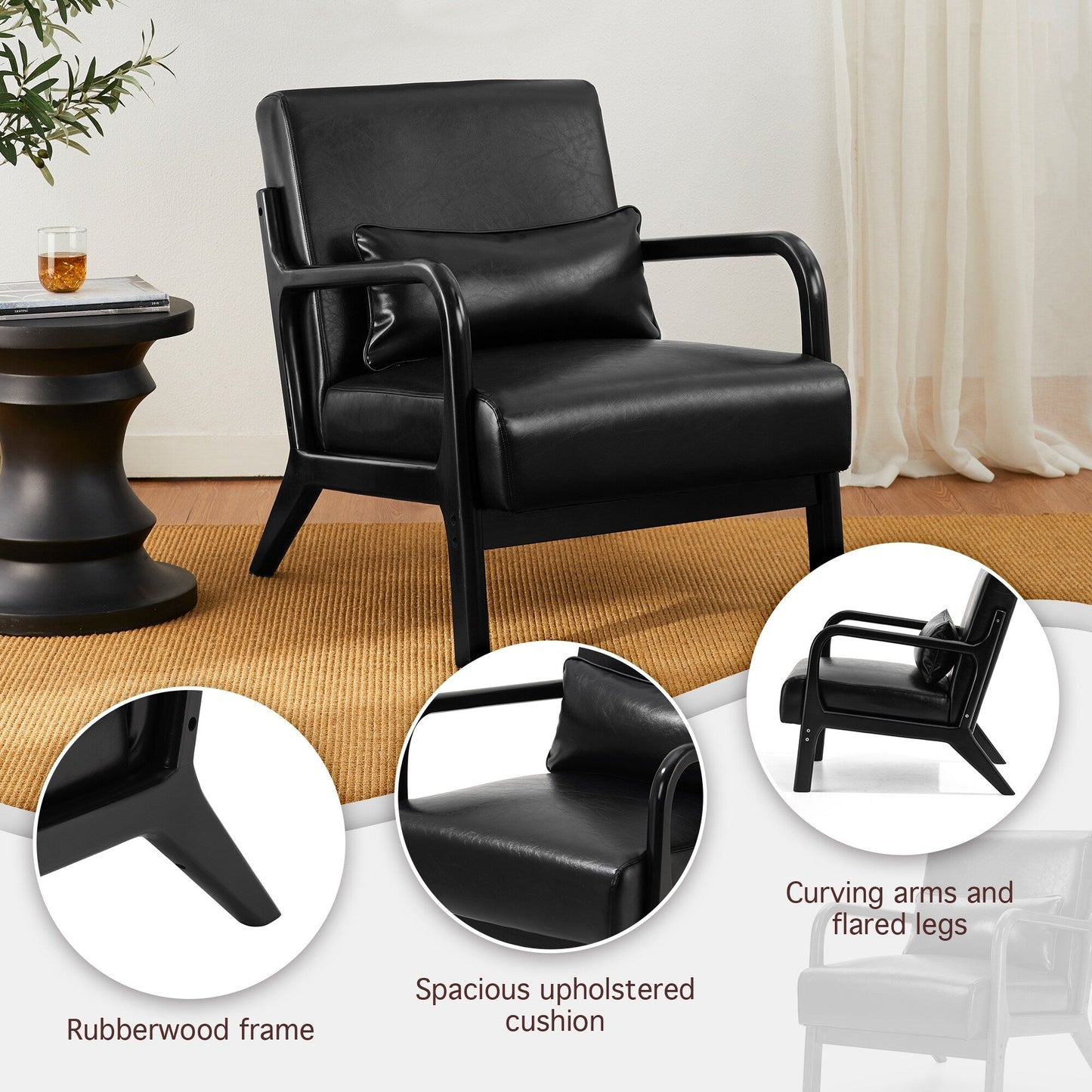 Fauteuil d'appoint moderne en cuir synthétique Glitzhome 30,75 po de hauteur, style milieu de siècle, avec coussin – 25,75 po de largeur x 33,75 po de profondeur x 30,75 po de hauteur