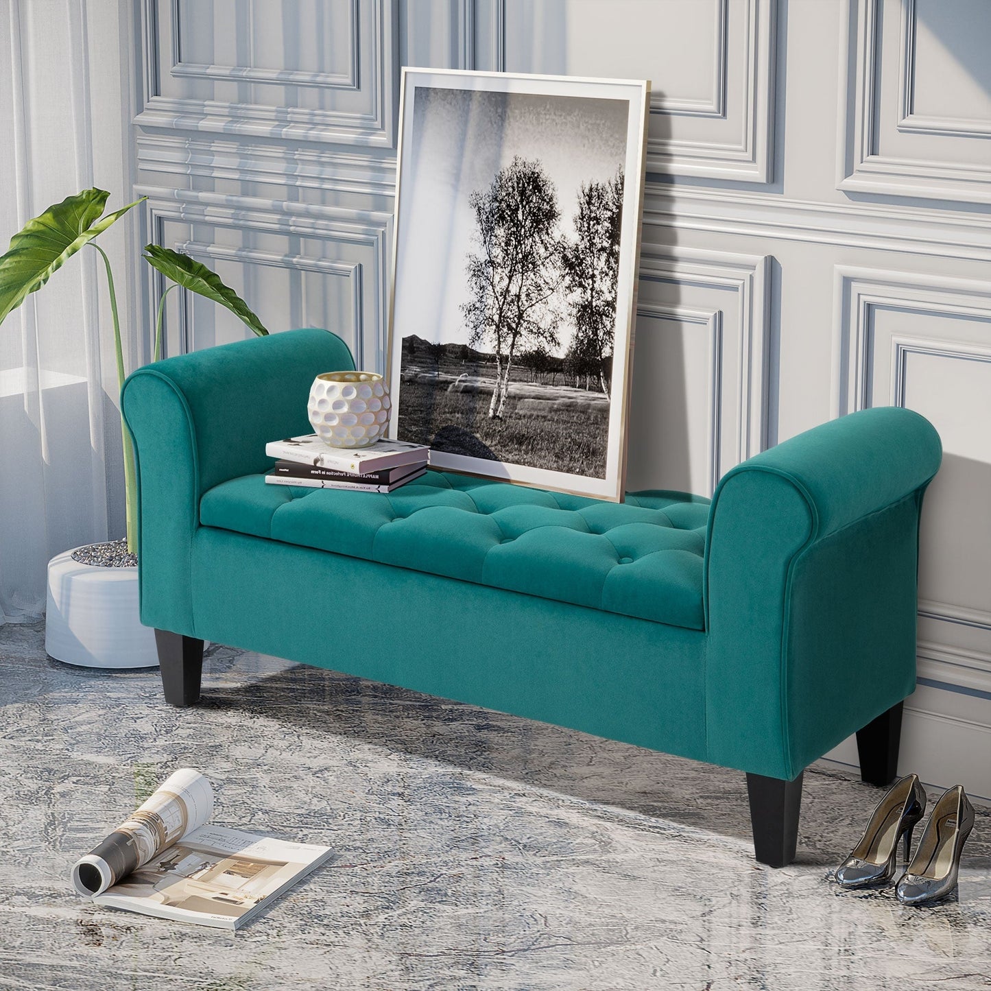 Banc ottoman de rangement capitonné à boutons HOMCOM, banc de lit rembourré avec accoudoirs roulés pour chambre, salon ou couloir
