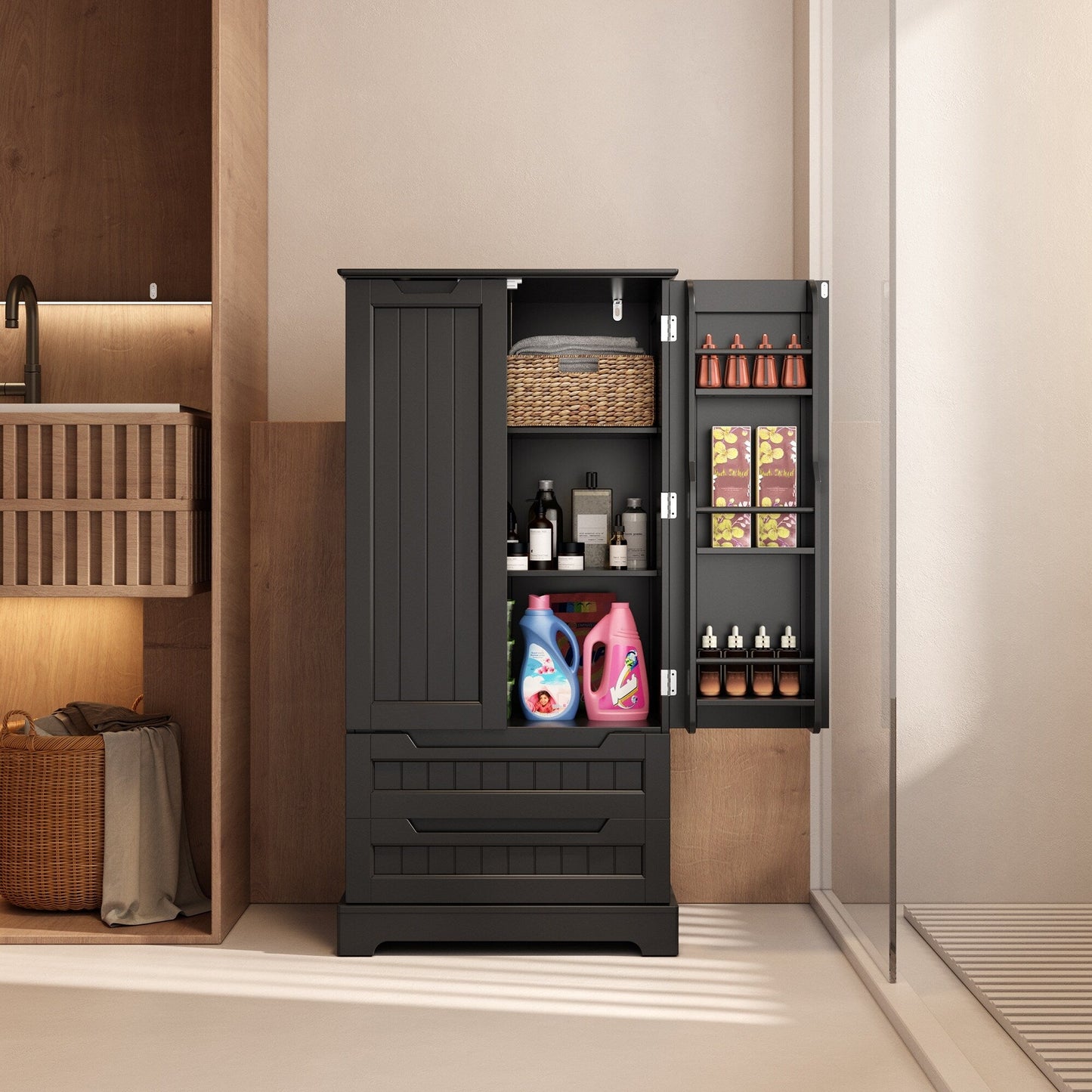 Armoire de rangement pour cuisine, armoire de rangement pour salle de bain indépendante avec 2 portes et tiroirs