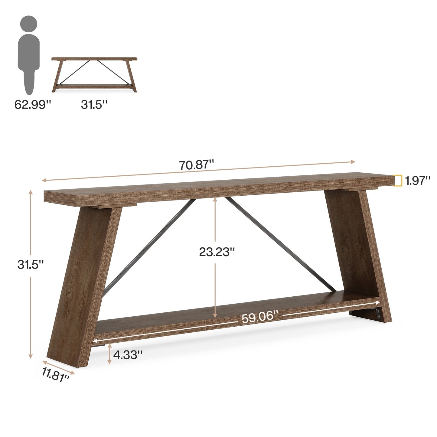 Console de canapé en bois rustique de 70,9 pouces de long avec étagère de rangement