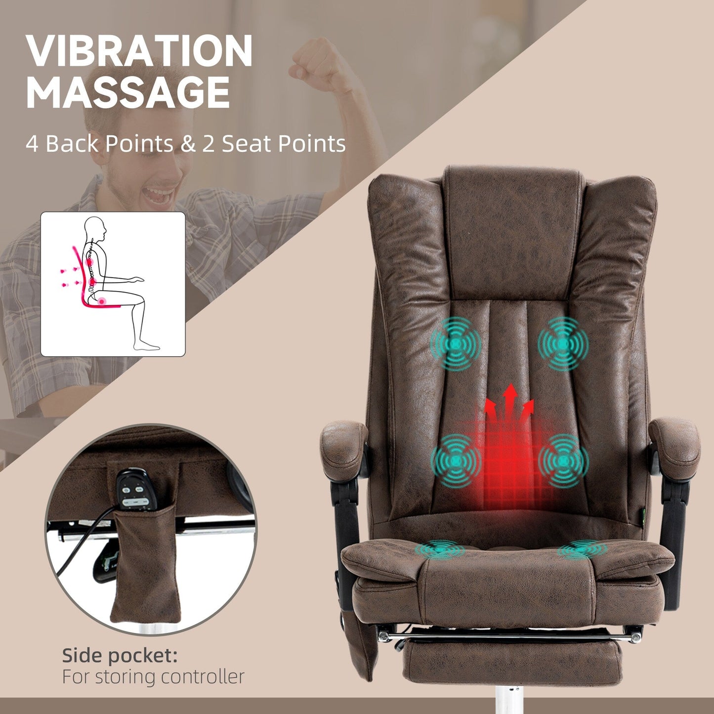 Fauteuil de bureau ergonomique de massage en microfibre, dossier haut, inclinable, chauffant, repose-pieds et télécommande
