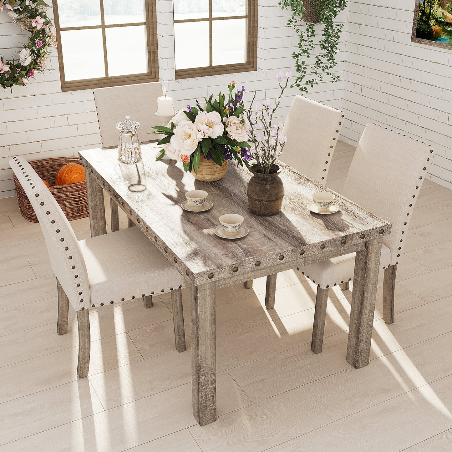 Ensemble de salle à manger de style ferme Morden Fort avec table rectangulaire et chaises, 5 pièces