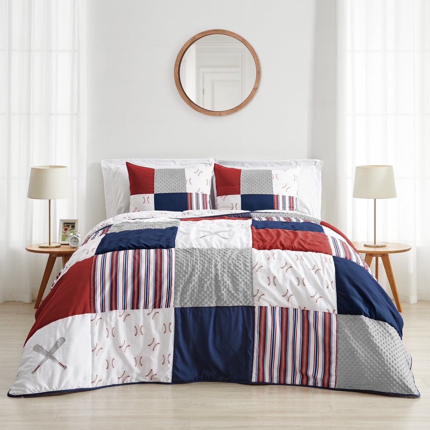 Ensemble de couette 3 pièces pour garçon, collection sport, motif baseball rouge, blanc et bleu, taille double/queen