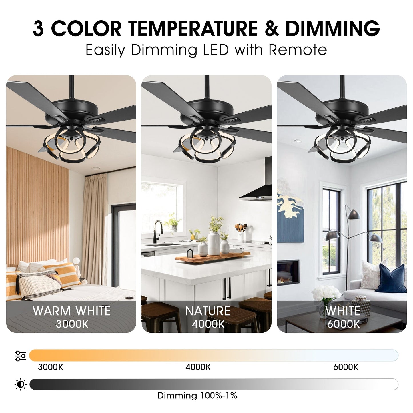 Ventilateur de plafond LED moderne d'intérieur chromé/noir à intensité variable avec lumière et télécommande