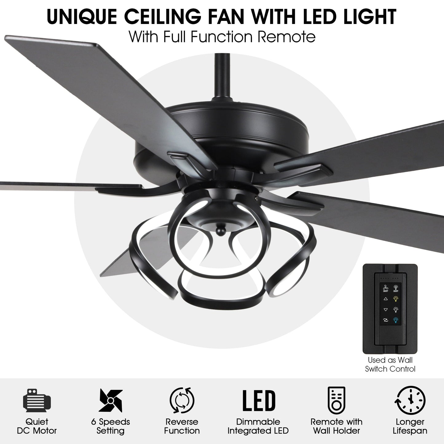 Ventilateur de plafond LED moderne d'intérieur chromé/noir à intensité variable avec lumière et télécommande