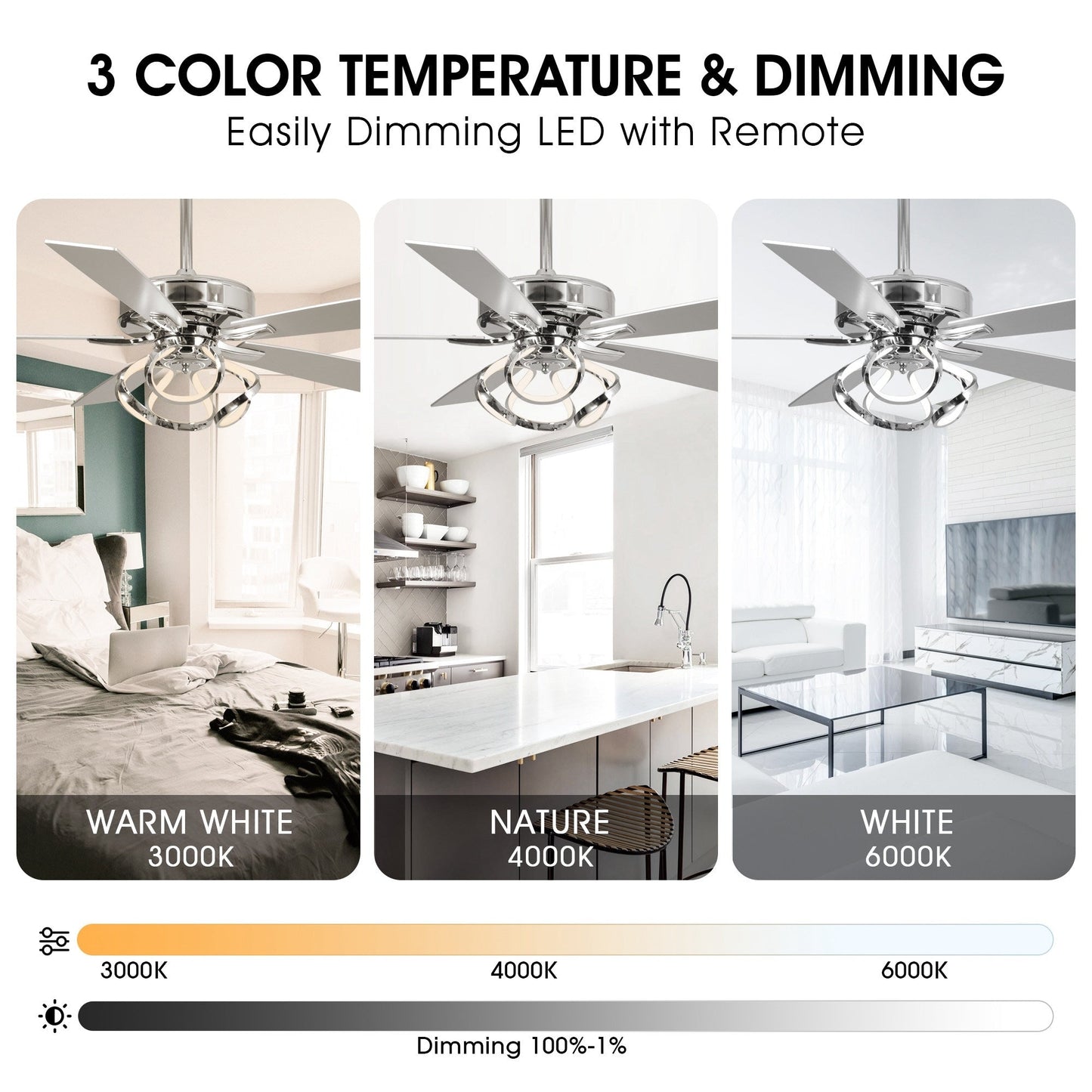 Ventilateur de plafond LED moderne d'intérieur chromé/noir à intensité variable avec lumière et télécommande