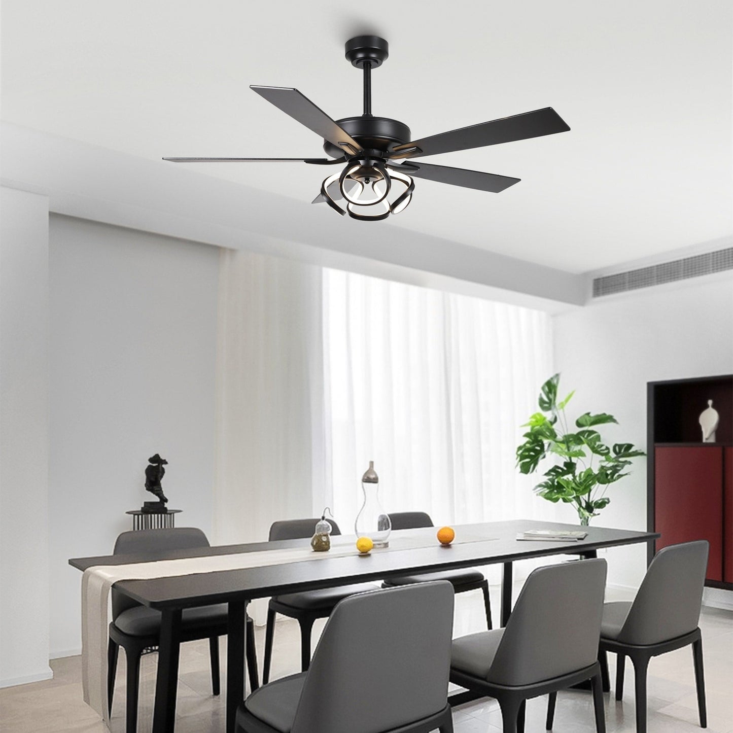 Ventilateur de plafond LED moderne d'intérieur chromé/noir à intensité variable avec lumière et télécommande