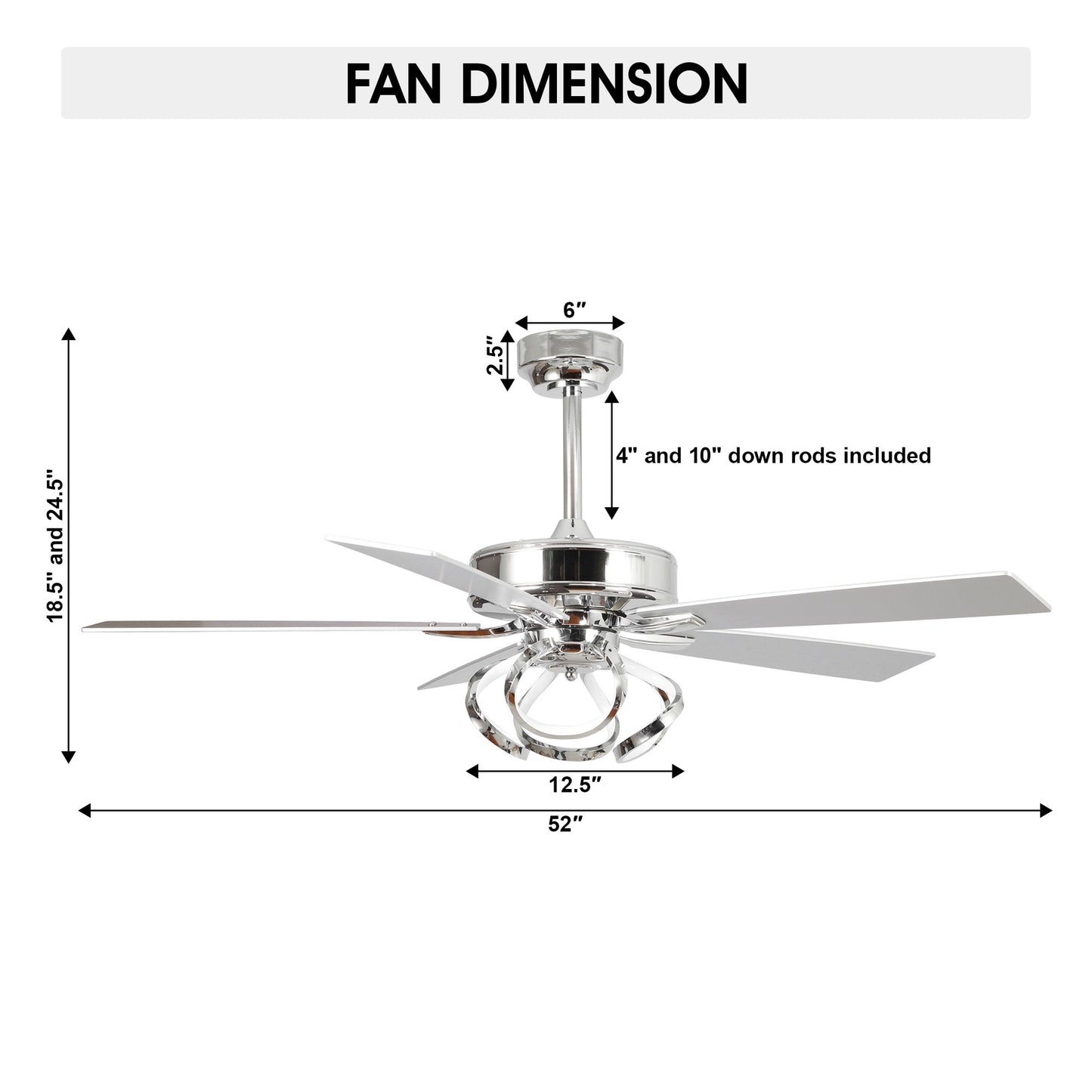 Ventilateur de plafond LED moderne d'intérieur chromé/noir à intensité variable avec lumière et télécommande