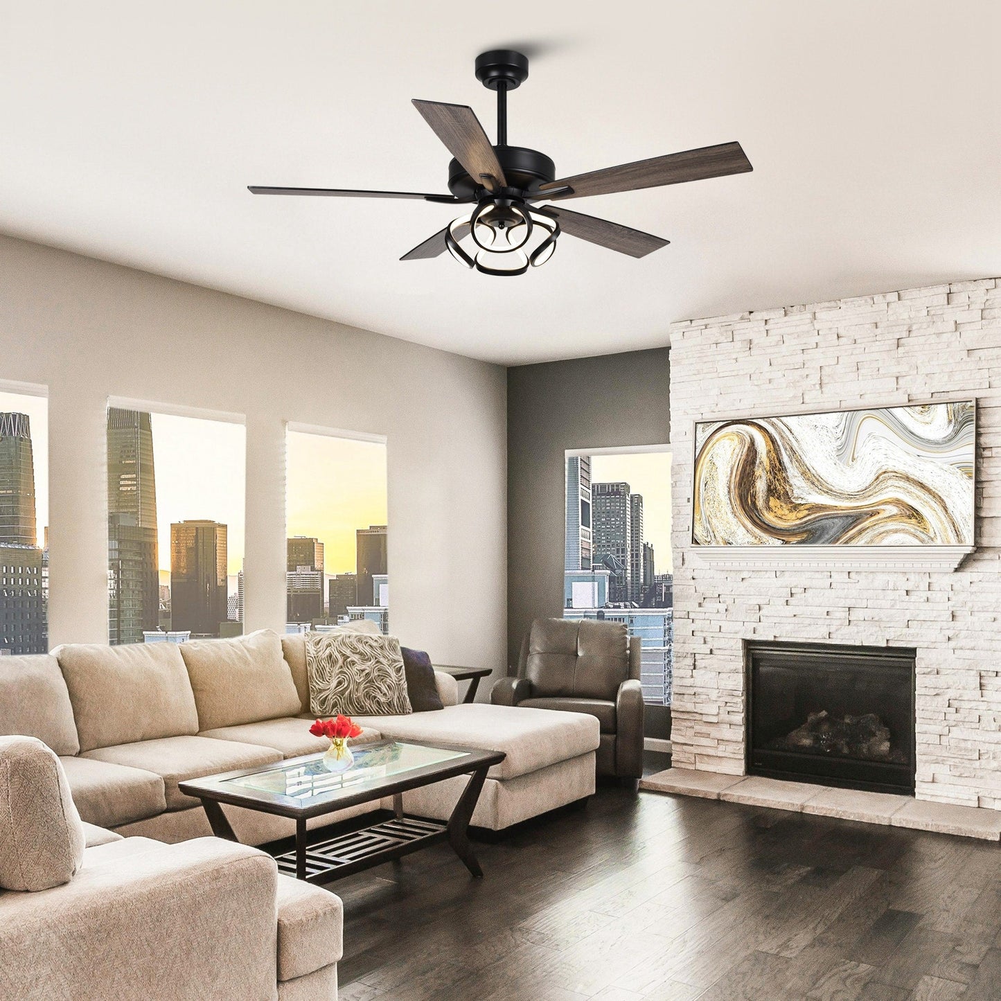 Ventilateur de plafond LED moderne d'intérieur chromé/noir à intensité variable avec lumière et télécommande