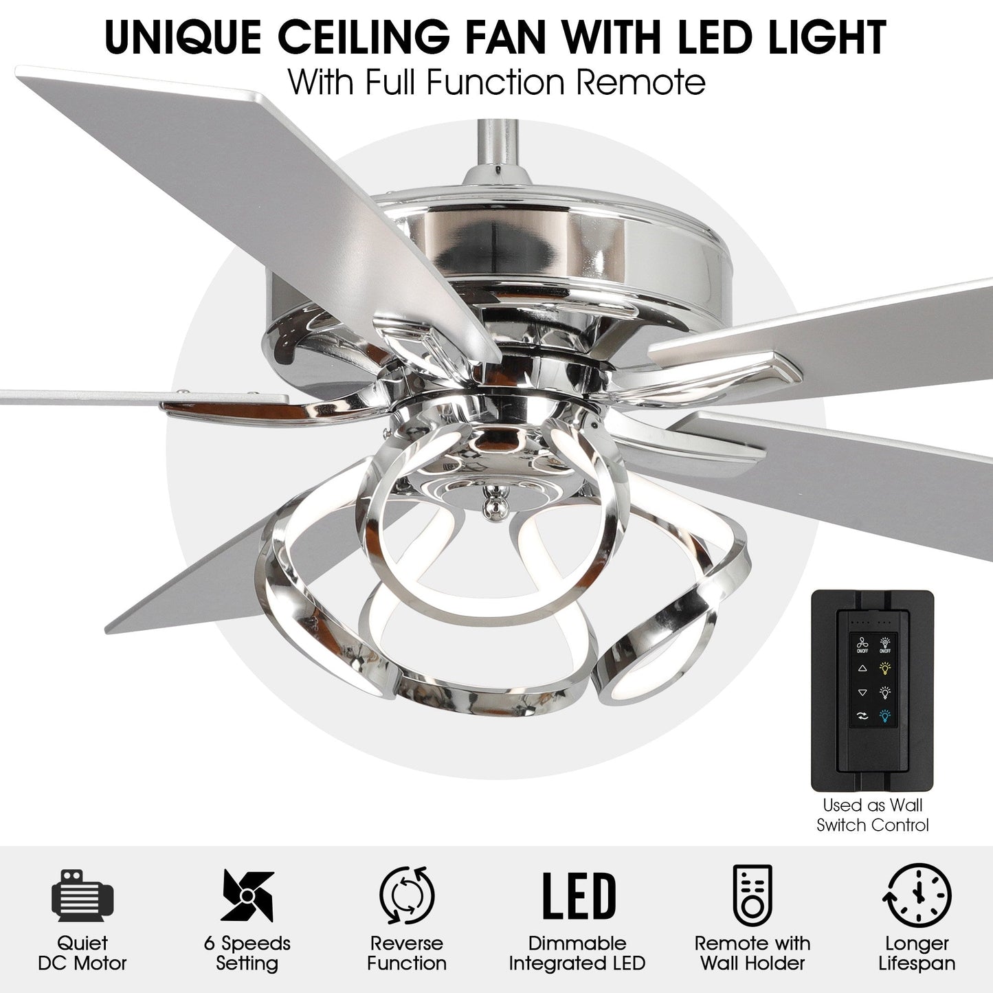 Ventilateur de plafond LED moderne d'intérieur chromé/noir à intensité variable avec lumière et télécommande