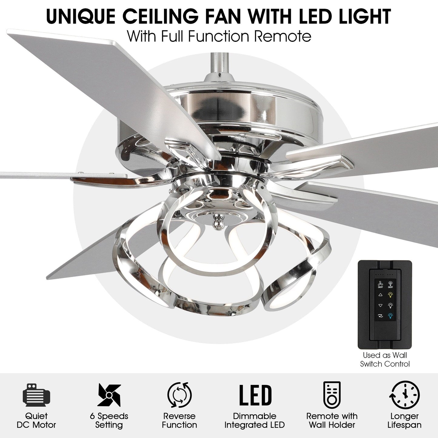 Ventilateur de plafond LED moderne d'intérieur chromé/noir à intensité variable avec lumière et télécommande