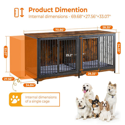 Meuble pour cage à chien de 70,86 pouces, meuble TV pour grandes races avec coussin et chambres doubles (sans coussin)