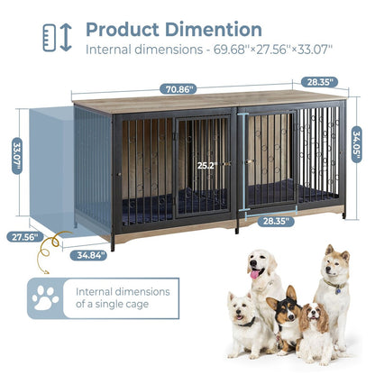Meuble pour cage à chien de 70,86 pouces, meuble TV pour grandes races avec coussin et chambres doubles (sans coussin)