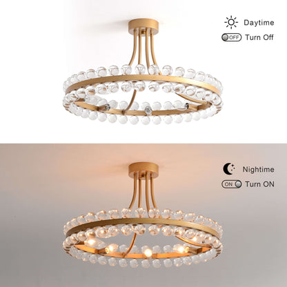 Plafonnier semi-encastré en cristal Elvira à 8 lumières, forme de roue de chariot