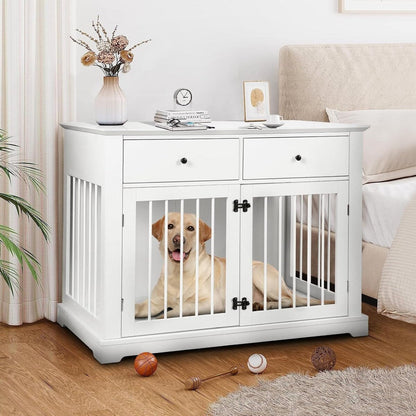 Cage pour chien Bossin de 111 cm de large, table d'appoint en bois avec tiroirs de rangement, niche décorative pour animaux de compagnie.