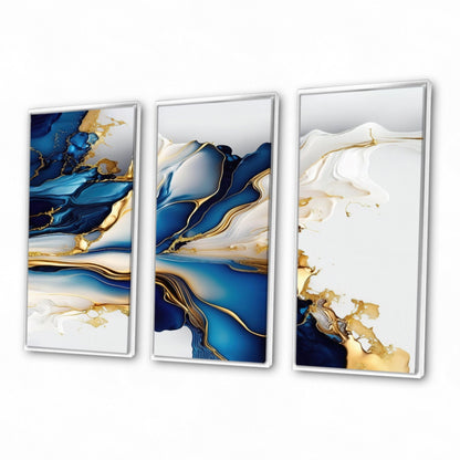 Impression sur toile encadrée Designart, motif géométrique moderne, forme géométrique abstraite, marbre doré et bleu III - 3 panneaux