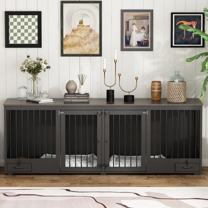 Meubles pour cage à chien - Niche en bois avec séparateur de pièce et 2 tiroirs