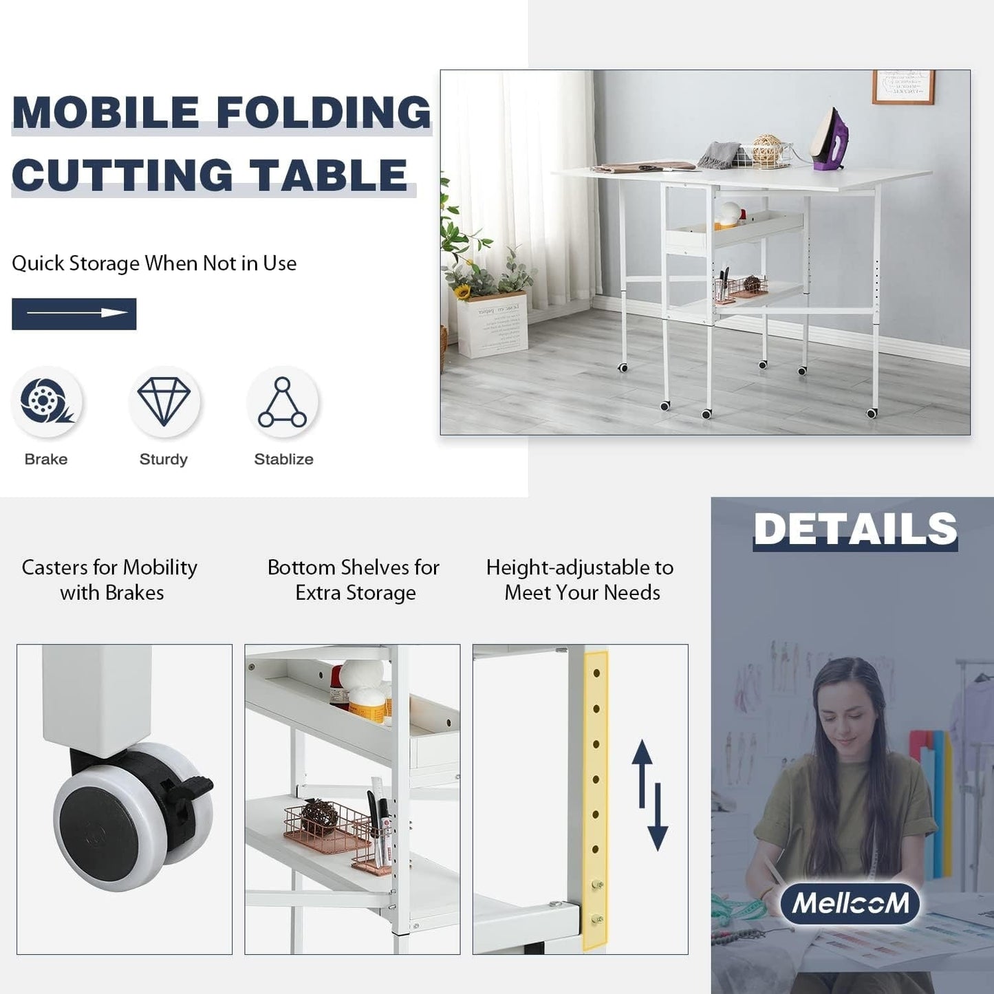 Table de bricolage réglable en hauteur avec étagères de rangement, table de découpe pliante mobile pour la maison, le bureau, la salle de couture et la salle d'artisanat