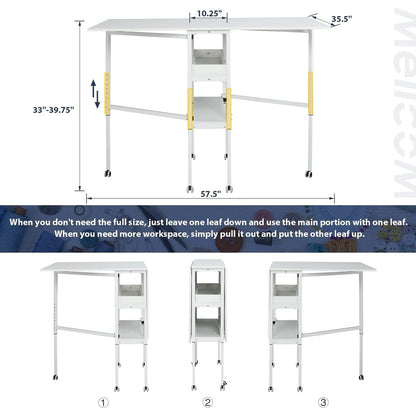 Table de bricolage réglable en hauteur avec étagères de rangement, table de découpe pliante mobile pour la maison, le bureau, la salle de couture et la salle d'artisanat