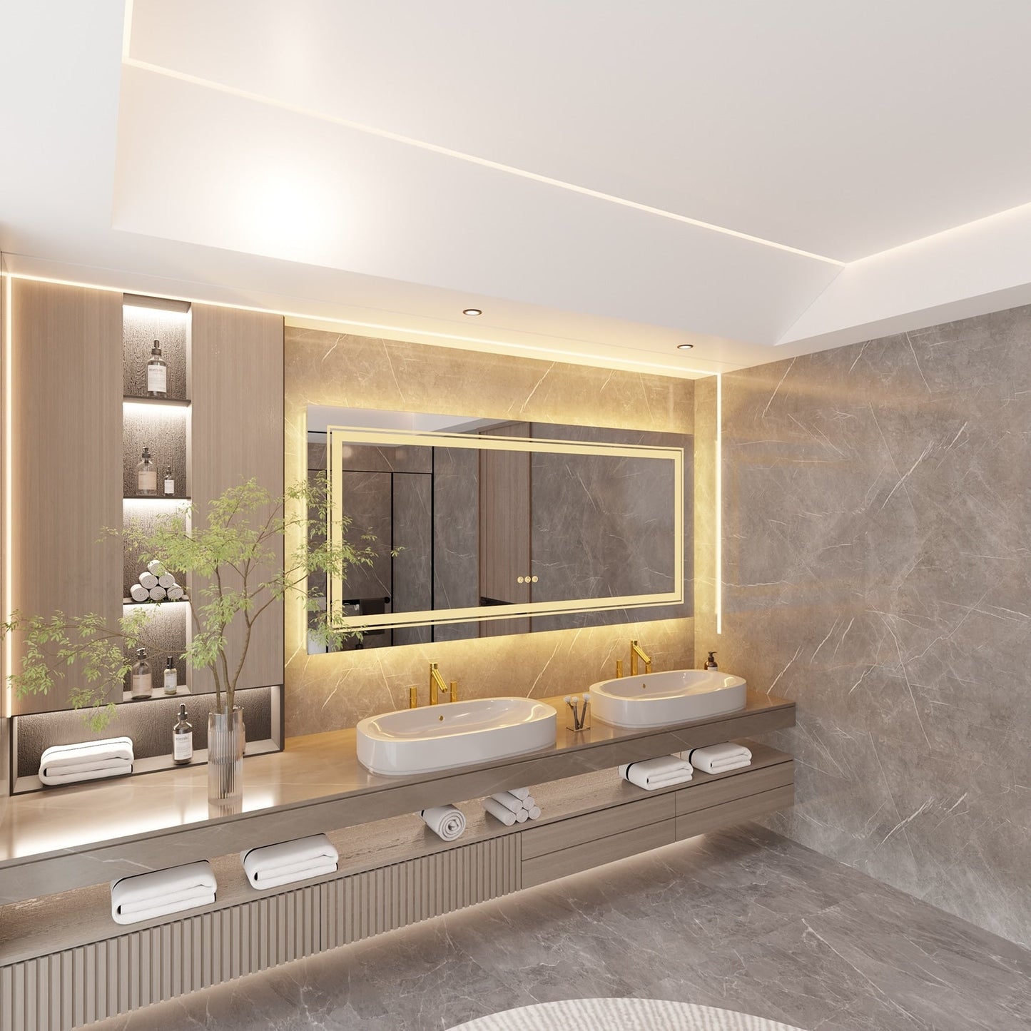 Miroir de salle de bain extra large avec éclairage LED, antibuée, 3 couleurs