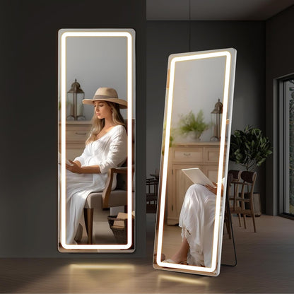 Miroir de sol avec éclairage LED, miroir pleine longueur 64 x 21 avec support, miroir suspendu, miroir mural, miroir intégral