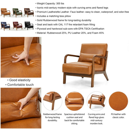 Fauteuil d'appoint moderne en cuir synthétique Glitzhome 30,75 po de hauteur, style milieu de siècle, avec coussin – 25,75 po de largeur x 33,75 po de profondeur x 30,75 po de hauteur