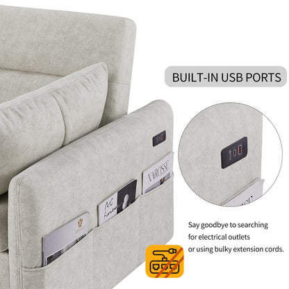 Canapé-lit 2 places moderne en microfibre avec dossier réglable, poches de rangement, 2 oreillers moelleux et ports USB.