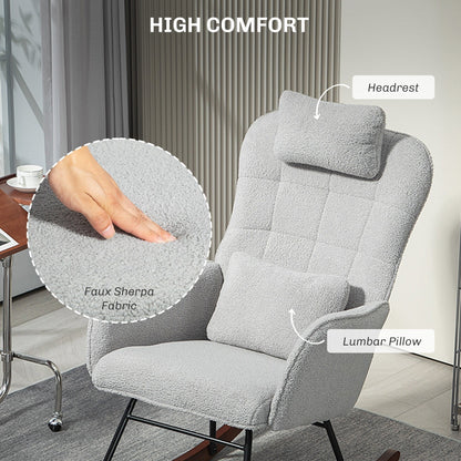Fauteuil à bascule rembourré moderne pour chambre d'enfant avec dossier haut, appui-tête et coussin lombaire pour salon ou chambre