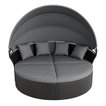 Ensemble de canapé-lit sectionnel rond en osier noir pour patio Nuon 4 pièces avec auvent rétractable par Havenside Home