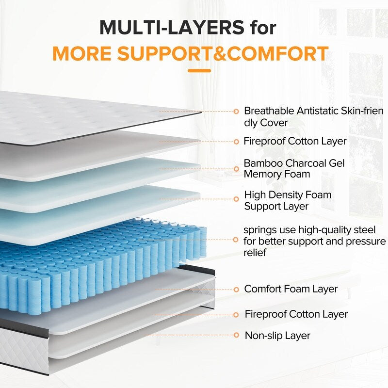 Matelas hybride en mousse à mémoire de forme SweDrea de 12 po de taille moyenne avec CertiPUR-US et Oeko-TEX, avec absorption de charbon de bambou.