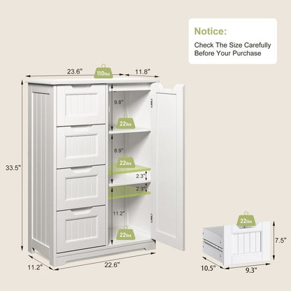Meuble de rangement de salle de bain, meuble de rangement de sol autonome avec 4 tiroirs et étagère réglable